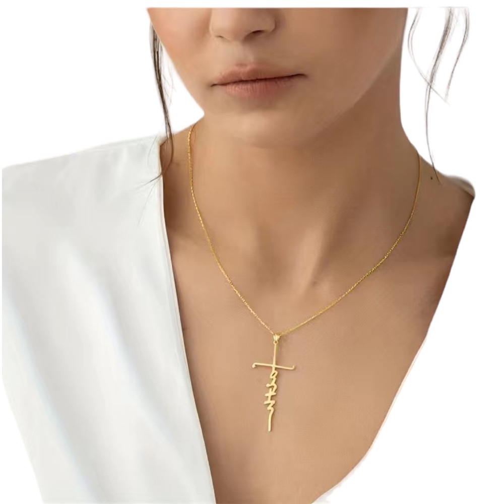 Gold Cross Shape Faith Pendant Necklace